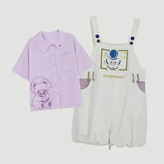 Cartoon Astronaut Bear Letter Print Striped T-Shirt Overalls Shorts