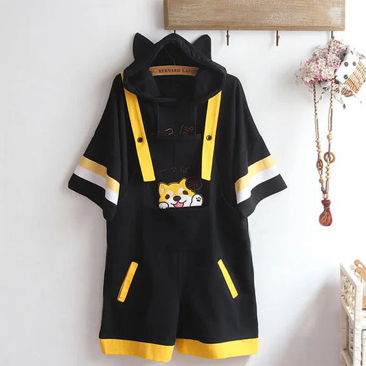 Cartoon Puppy Letter Embroidery Hooded T-Shirt Overalls Pants