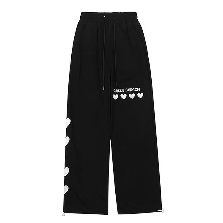 Love Heart Print Letter Embroidery Casual Pants