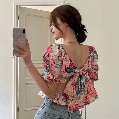 Y2K Backless Bowknot Floral Print T-Shirt
