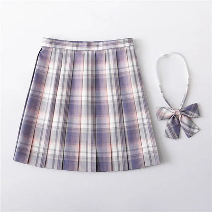 JK Plaid Uniform High Waist Pleated Skirt With Bow Tie