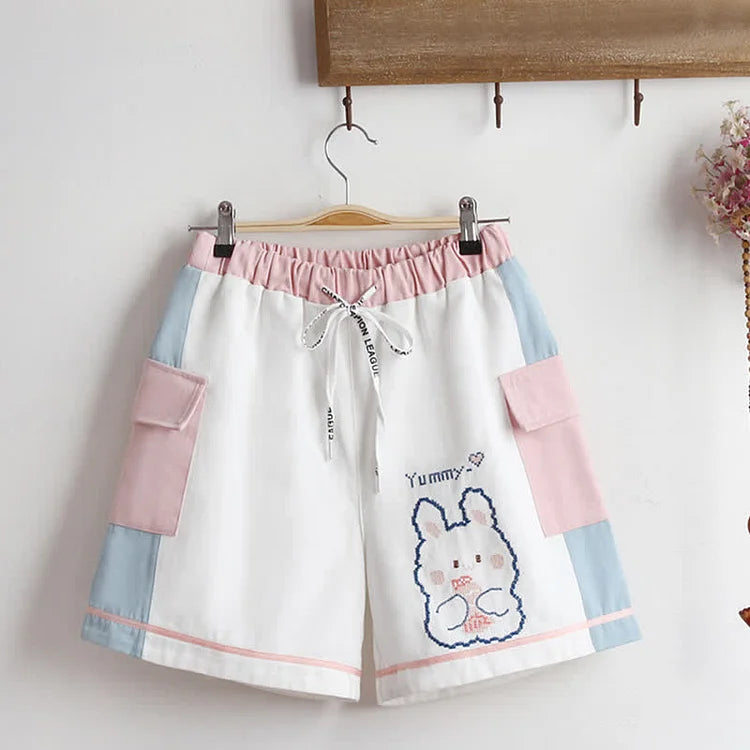 Kawaii Girl Print Hooded T-Shirt Bunny Print Pocket Shorts