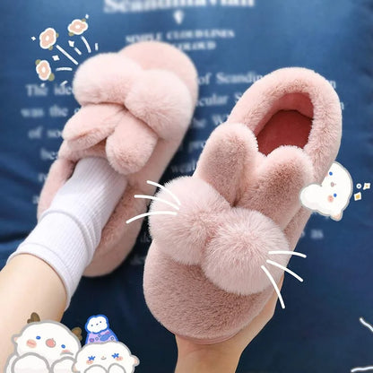 Kawaii Rabbit Ears Plush Fur Pom Pom Slippers