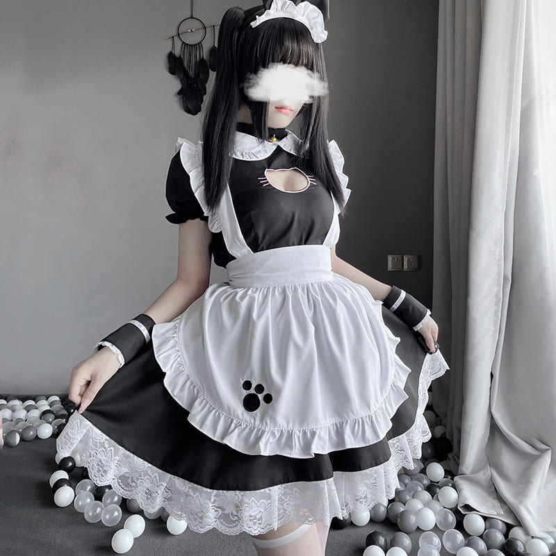 Lolita Kitty Maid Cosplay Hollow Ruffle Costume Dress