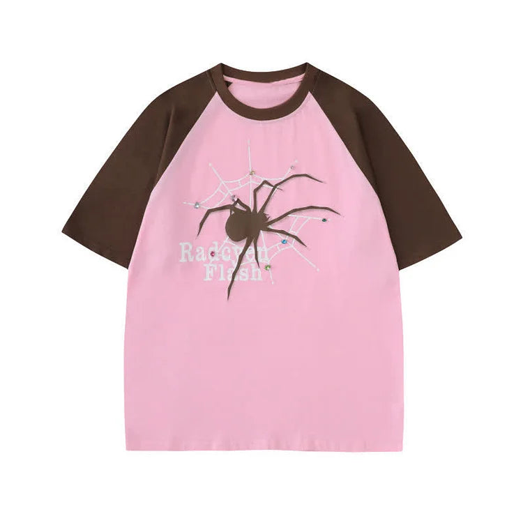 Spider Letter Print Round Neck Colorblock T-Shirt