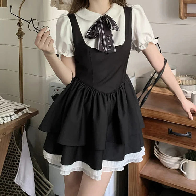 Bowknot Doll Collar Puff Sleeve Layered Fake Two Piece Mini Dress