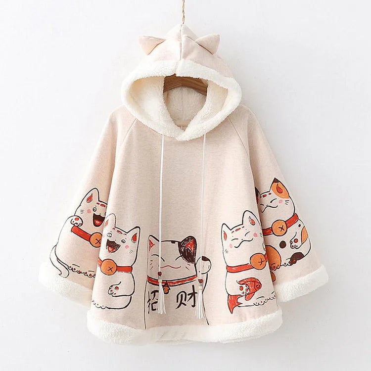 Kawaii Harajuku Lucky Cat Cloak Hoodie Coat