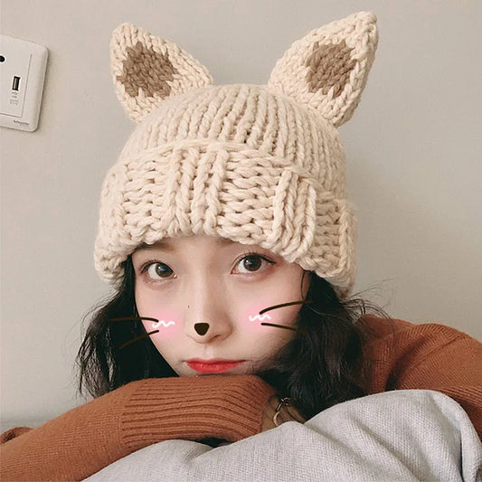 Cute Cartoon Kitty Cat Ears Knit Hat