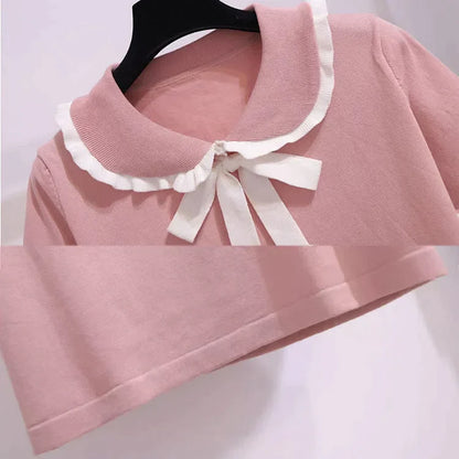 Chic Doll Collar Bowknot Knitted T-Shirt High Waist Denim Skirt