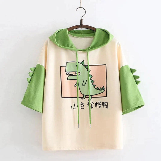 Cartoon Dinosaur Letter Japanese Hooded T-Shirt