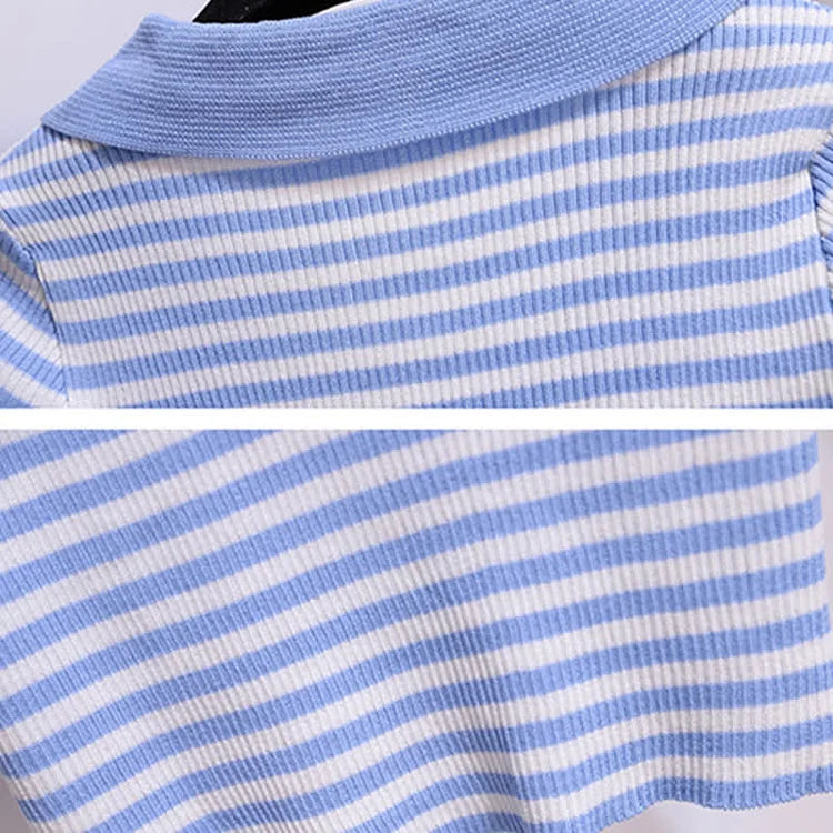 Striped V-Neck Knitted T-Shirt High Waist Denim Shorts