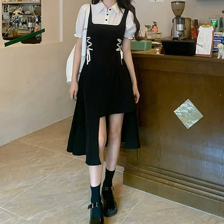 Irregualar Lapel Collar Puff Sleeve Lace Up Fake Two Piece Dress
