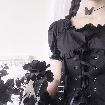 Gothic Ruffle Lace Up Buckle Puff Sleeve Mini Dress