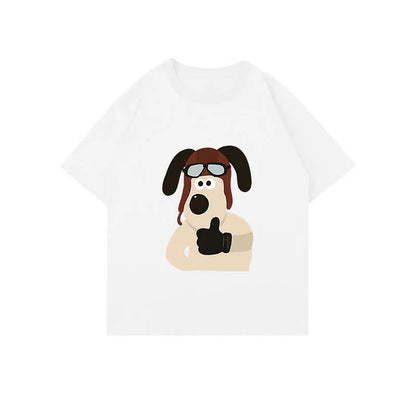 Cartoon Puppy Print Round Neck Oversized T-Shirt