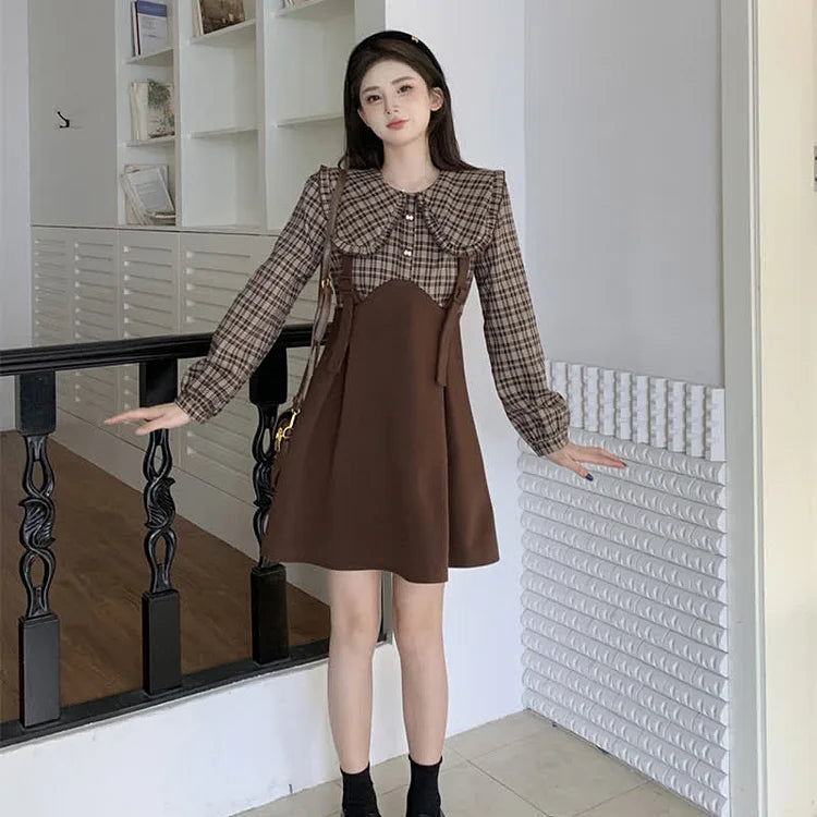 Vintage Plus Size Doll Collar Plaid Print Fake Two Piece Suspender Dress