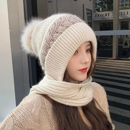 Cute Knit Warm Scarf Hat Fur Pom Pom