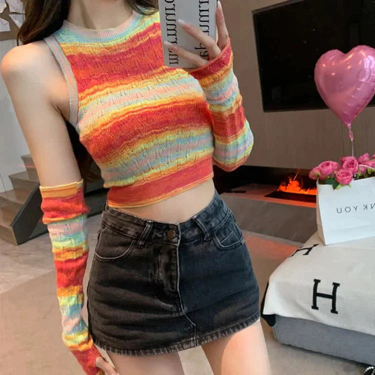 Chic Rainbow Striped Colorblock Crop Top With Sleeves