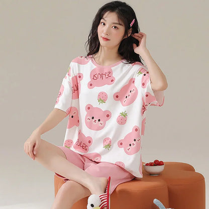 Cartoon Bear Strawberry Letter Print Summer Cotton Pajamas Set