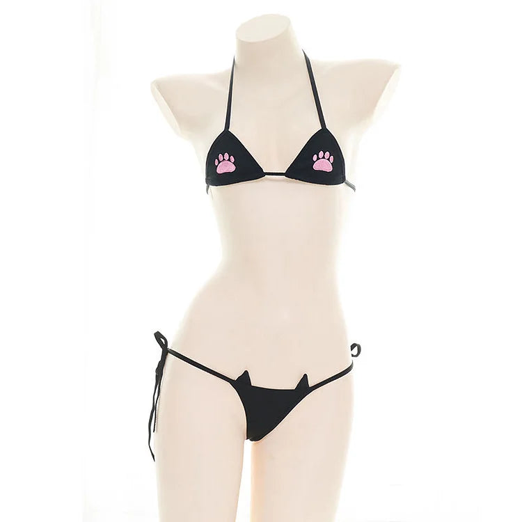 KItty Cat Paw Embroidery Bikini Lingerie Set