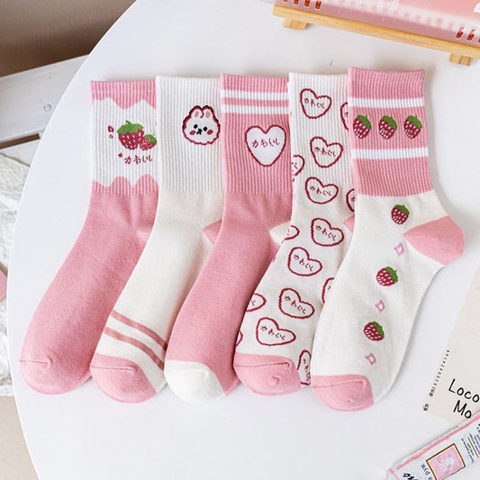 Kawaii Sweet Strawberry Bunny Love Heart Socks
