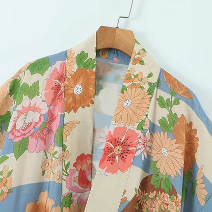 Vintage Floral Print Colorblock Robe Cardigan Kimono Outerwear