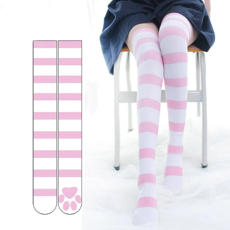Striped Kitty Paw Velvet Stockings Long Over the Knee