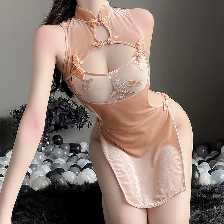 Hollow Out See Through Floral Cheongsam Split Dress Lingerie