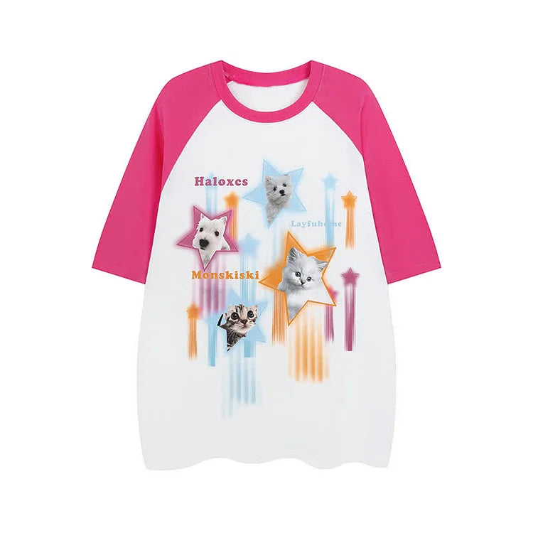Puppy Kitty Star Letter Print Round Neck Colorblock T-Shirt
