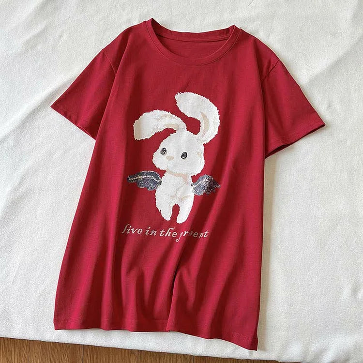 Cartoon Angel Rabbit Letter Print Loose T-Shirt