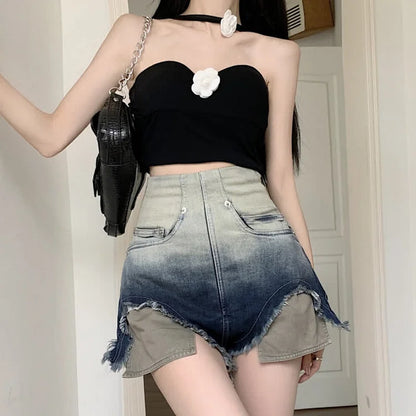 Chic Gradient Color High Waist Denim Shorts