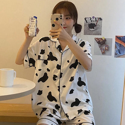 Kawaii Cartoon Cow Print Casual Pajamas Set