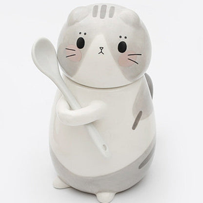Kawaii Cartoon Kitty Cat Holding Spoon Mugs