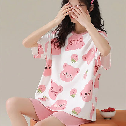 Cartoon Bear Strawberry Letter Print Summer Cotton Pajamas Set