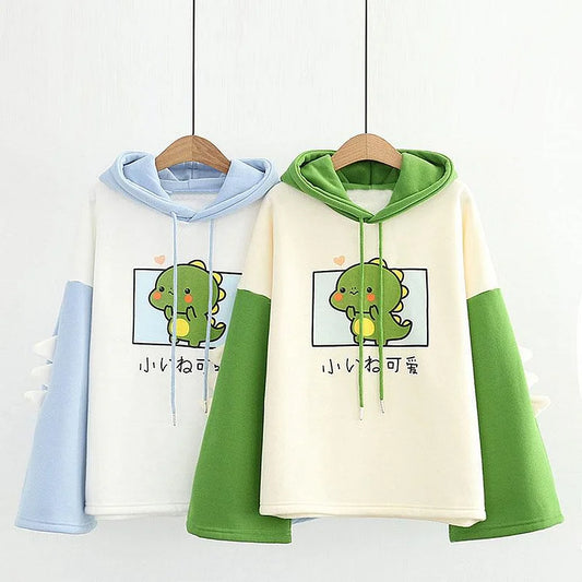 Kawaii Baby Dinosaur Print Colorblock Sweatshirt Hoodie