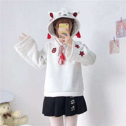 Harajuku Fox Ghost Face Embroidery Tassels Sweatshirt Hoodie