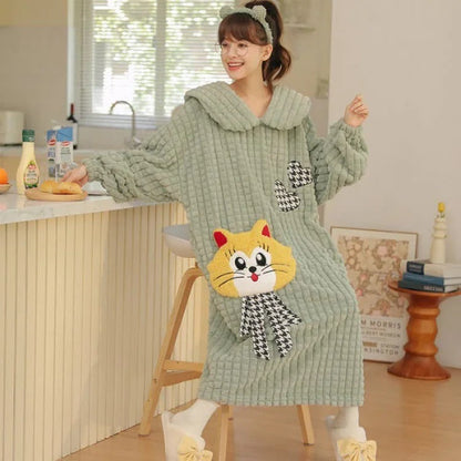 Kawaii Cartoon Embroidery Lapel Plush Pajamas Dress