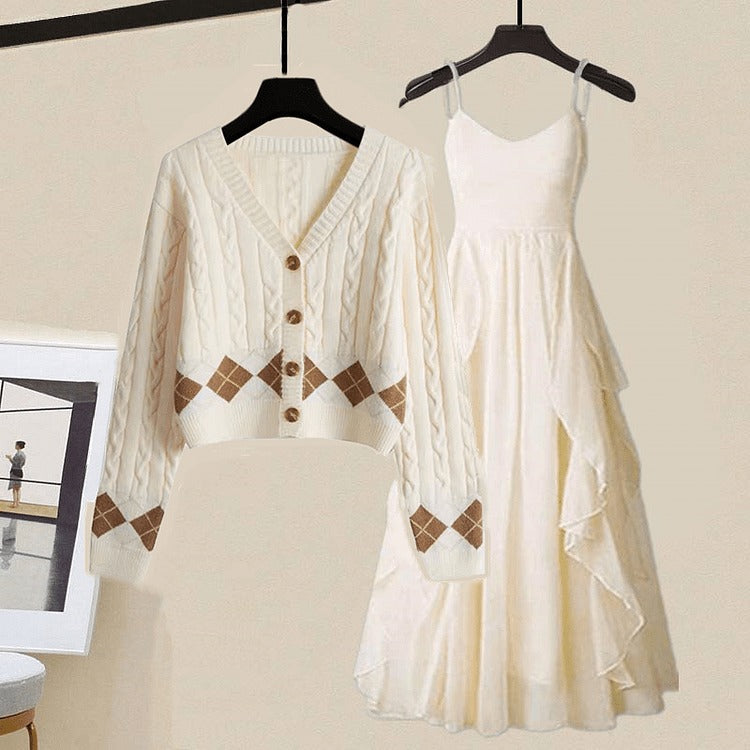 Vintage Rhombus Cardigan Sweater Slip Dress Two Piece Set