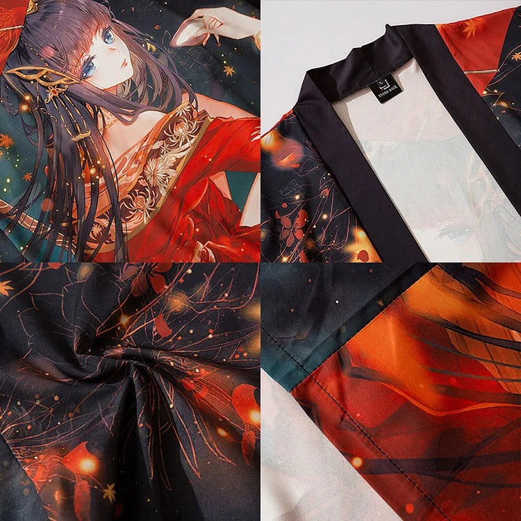 Autumn Red Fire Anime Girl Kimono Outerwear