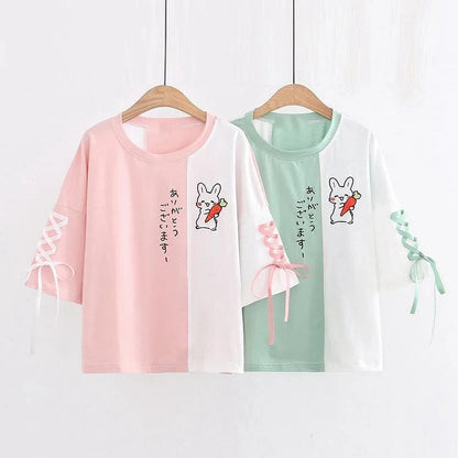 Harajuku Japanese Rabbit Carrot Lace Up Ribbon T-Shirt