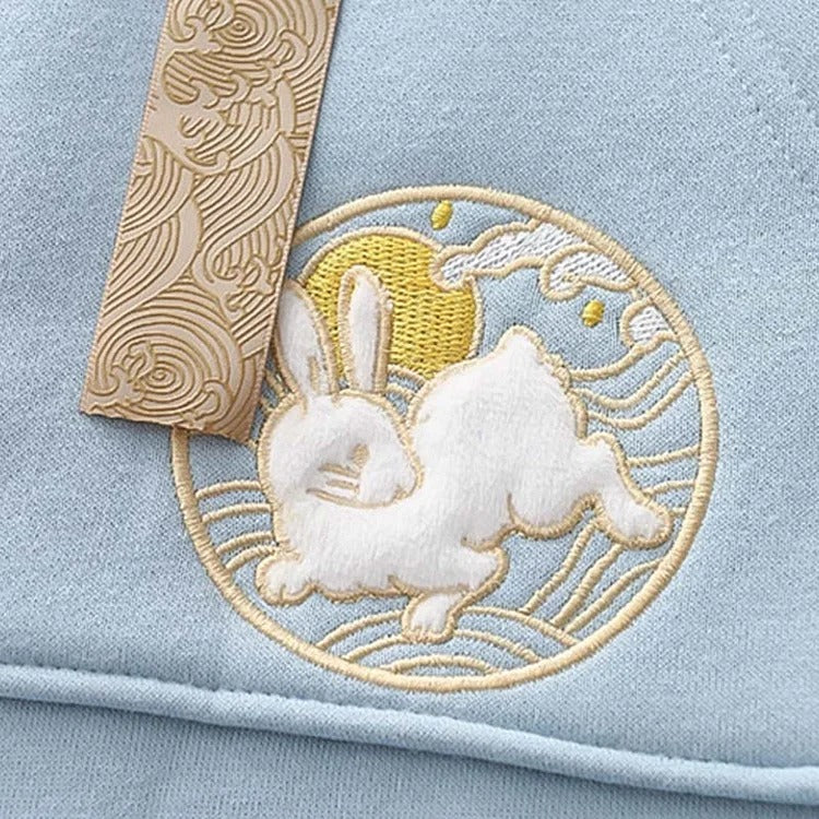 Harajuku Rabbit Embroidery Wave Print Drawstring Sweatshirt Hoodie
