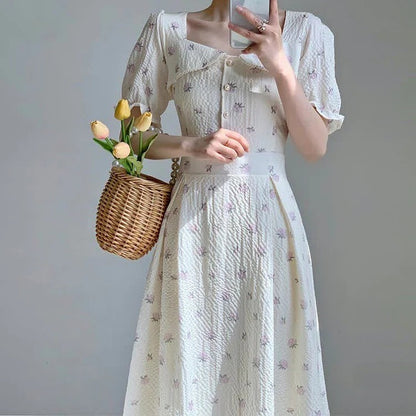 Vintage Pearl Collar Floral Print A-line Dress