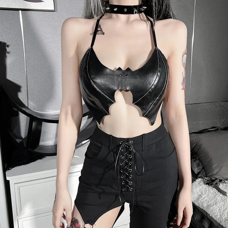 Sexy Gothic Bat Pattern Backless Lace Up Top