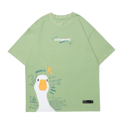 Cartoon Duck Formula Print Round Neck Loose T-Shirt