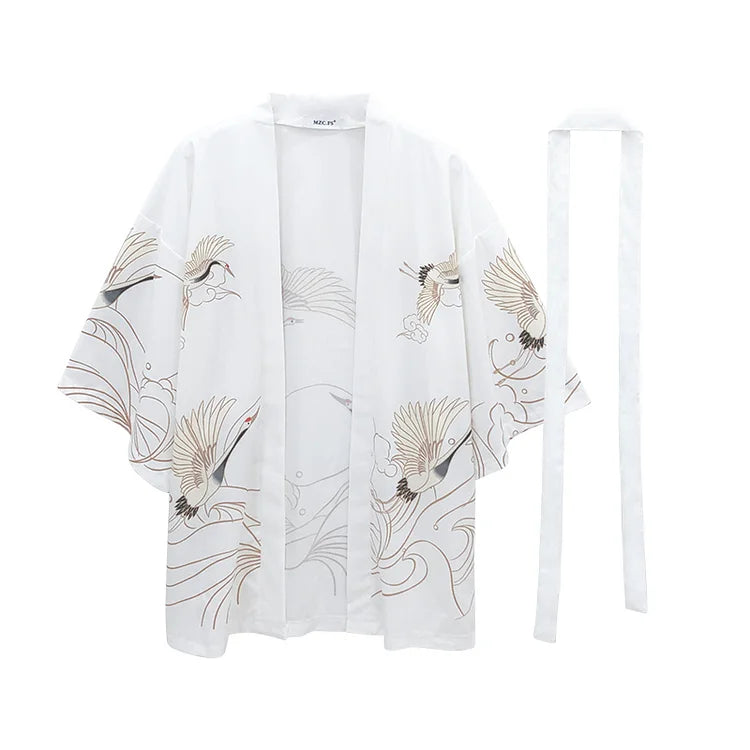 Vintage Crane Print Kimono Fashion Outerwear Sun Protective