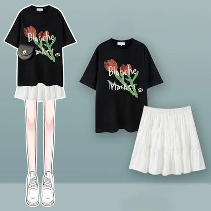 Floral Tulip Cherry Blossom Print T-Shirt Pleated Skirt Two Piece Set