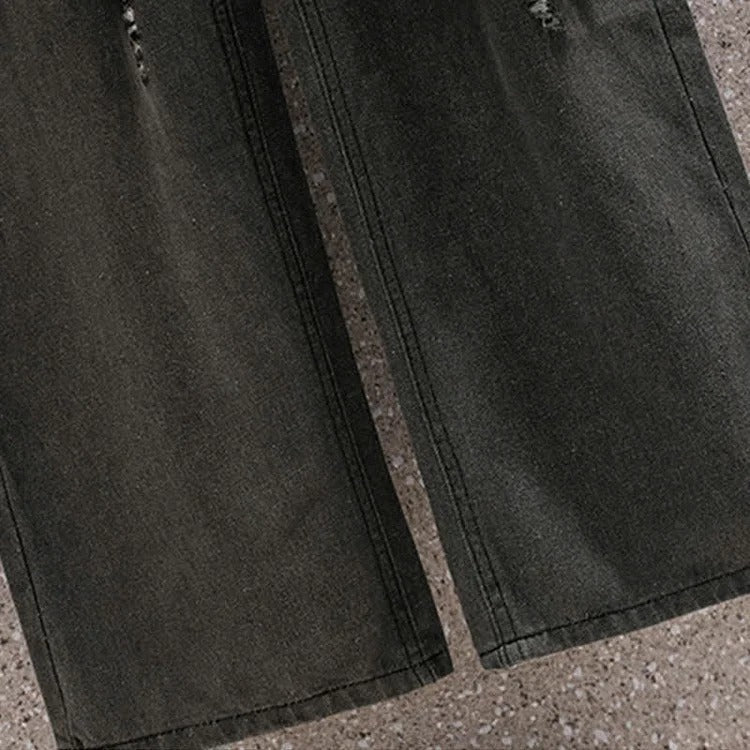 Bowknot Lapel Shirt Ripped Denim Overalls Pants Two Piece Set