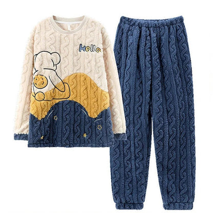 Sweet Girlfriend Boyfriend Cartoon Goose Bear Print Plush Pajamas Set