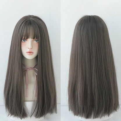 Sweet Long Straight Light Brown Wig With Bangs