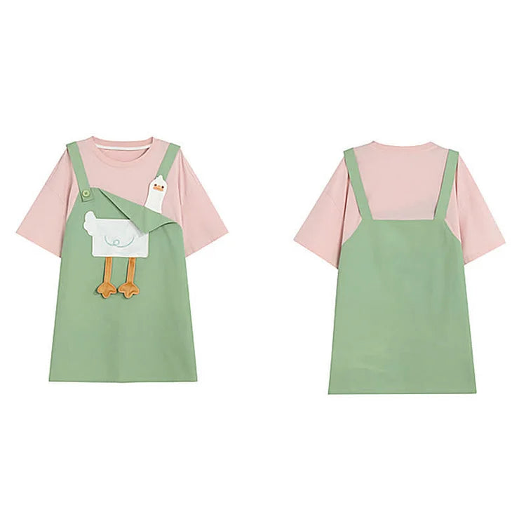 Cartoon Duck Embroidery Fake Two Piece Loose T-Shirt Dress