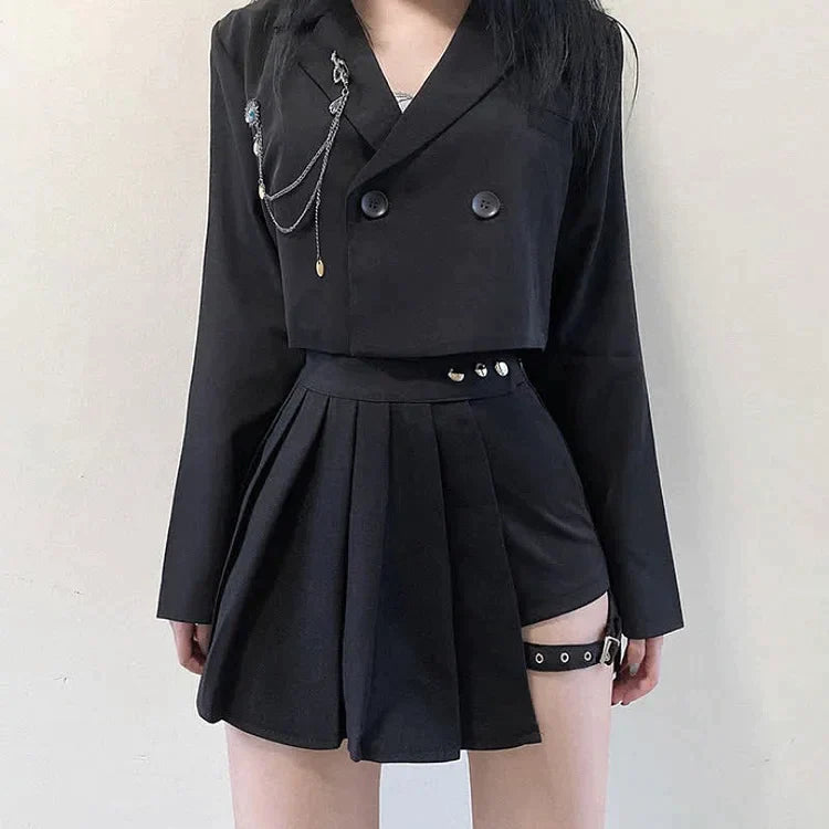 Dark Street Chain Crop Blazer Buckle Pleated Skirt